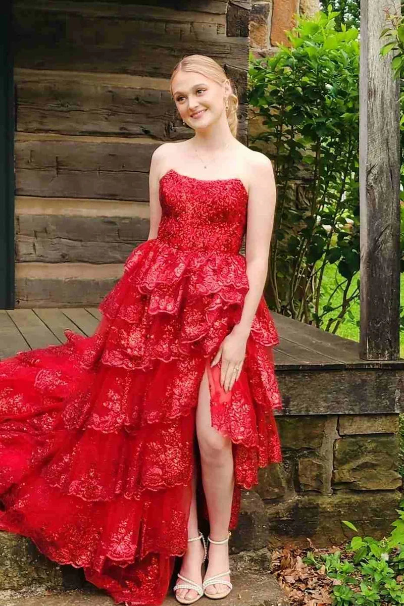 Charming Strapless Appliques Sage Green Prom Dresses Lace Ruffle Slit Evening Party Dress,AST2191