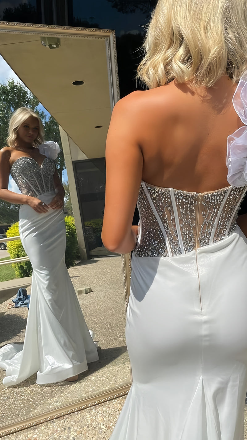 Glitter White Mermaid Beaded Prom Dress, Long Evening Formal Gown, AST1592