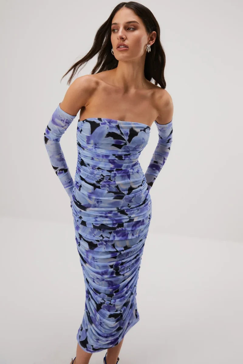 Misha Cosimo Mesh Dress With Gloves - Water Color Floral - JAUS