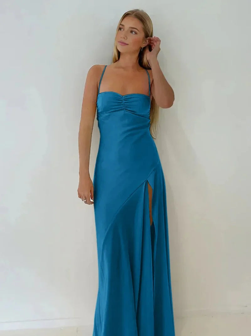 Spaghetti Straps Red Prom Dresses Long Evening Dress Sexy Party Gown With High Slit,AST2204
