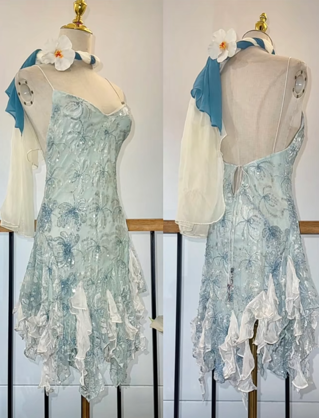 Vintage Spaghetti Strap Sheath Beaded Chiffon Short Prom Dresses, Blue Backless Homecoming Dresses