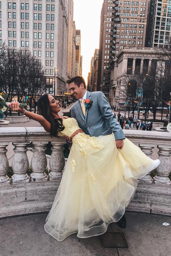 Yellow two pieces lace long prom dress, sweet 16 dress