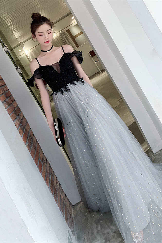 A-line Black and Silver Long Prom Dress