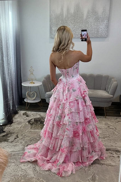 A Line Sweetheart Pink Floral Chiffon Prom Dress with Appliques