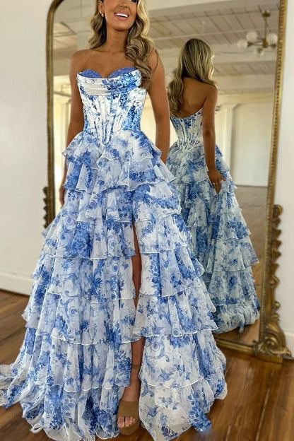 A Line Sweetheart Pink Floral Chiffon Prom Dress with Appliques