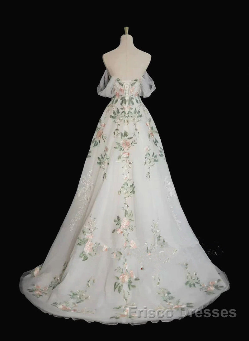 A-Line Tulle With Flower Lace White Wedding Party Dress, White Tulle Evening Dress Formal Prom Dress