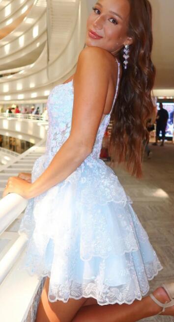 Baby Blue Lace Homecoming Dresses Mini Birthday Party Dress, AST1335