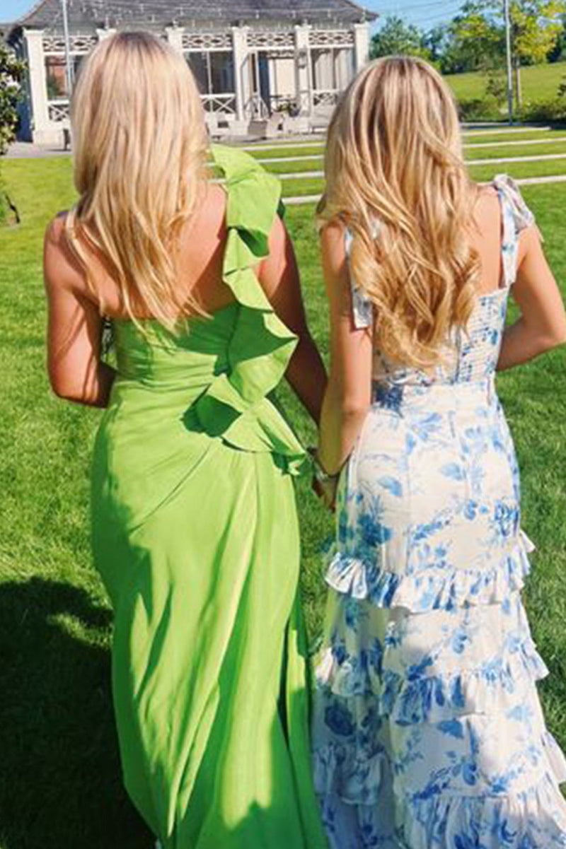 Beautiful A Line Sweetheart Blue Printed Long Prom Dress with Ruffles