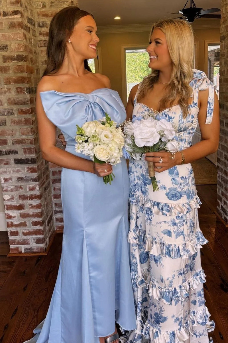 Beautiful A Line Sweetheart Blue Printed Long Prom Dress with Ruffles
