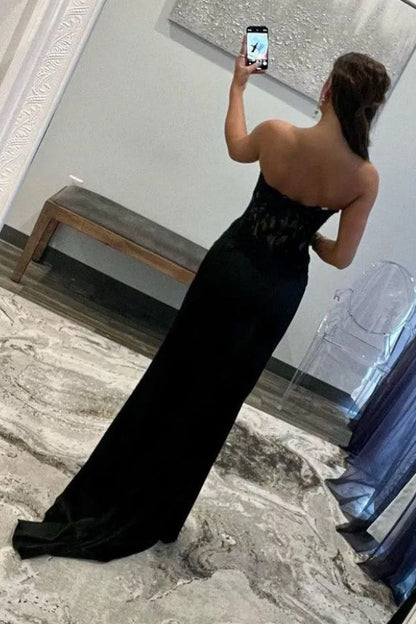 Black Chic Mermaid Prom Dress with Sweetheart Design Long Satin Skirt and Slit