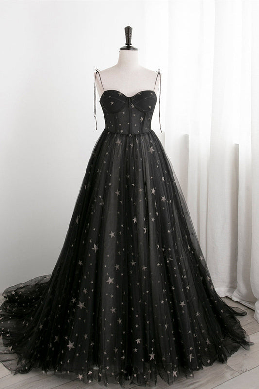 Black Corset Satrs Tulle A-line Long Formal Dress