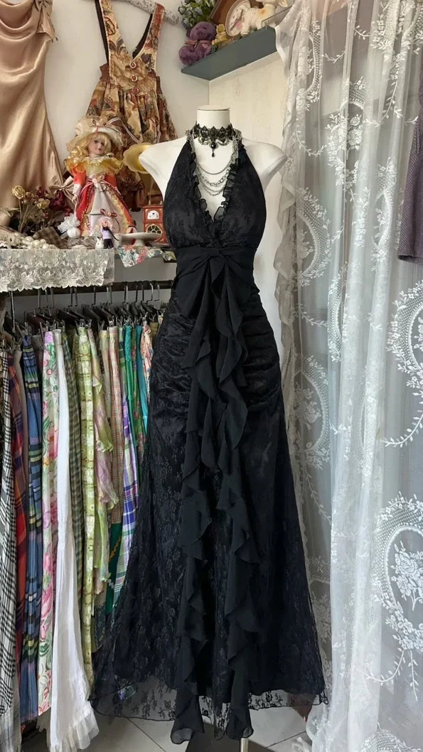 Black Mermaid Halter Lace Prom Dresses Ruffle Party Dress,AST2134