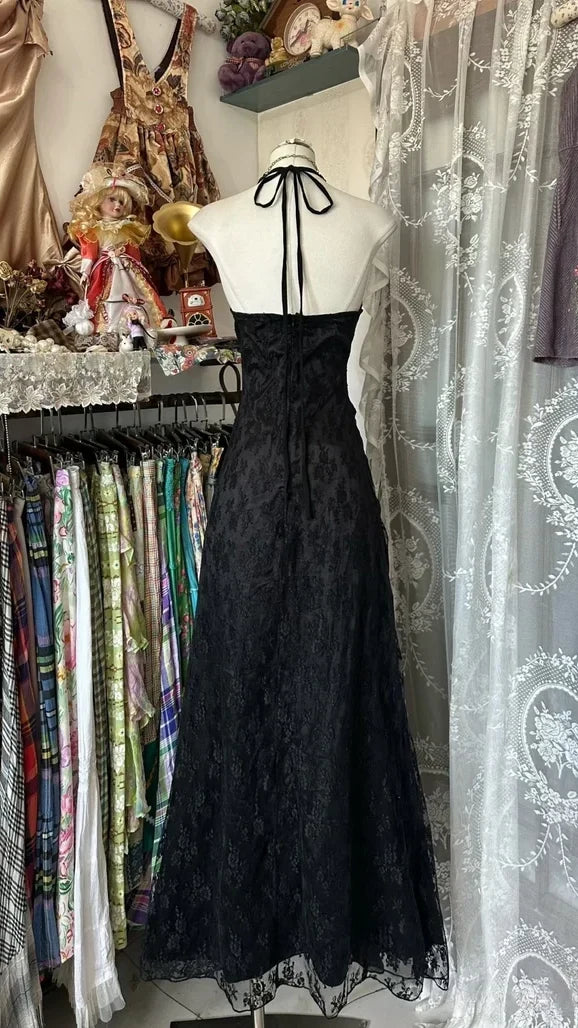 Black Mermaid Halter Lace Prom Dresses Ruffle Party Dress,AST2134