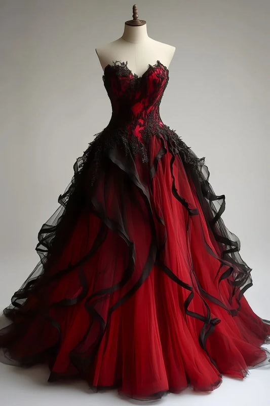 Black Red Sweetheart Prom Dresses A-line Tulle Evening Party Dress,AST2235