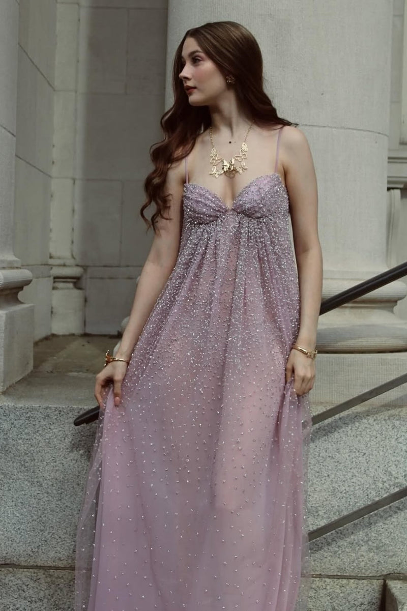 Bling A Line Spaghetti Straps Grey Blue Long Party Dress with Beading