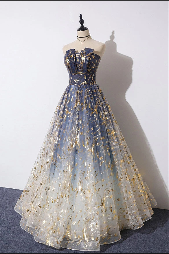 Blue Ombre Tulle Long Prom Dress - Strapless A-Line Evening Gown