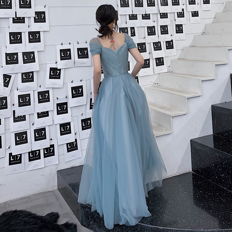 Blue Tulle Long Prom Dress - A-Line Evening Party Gown