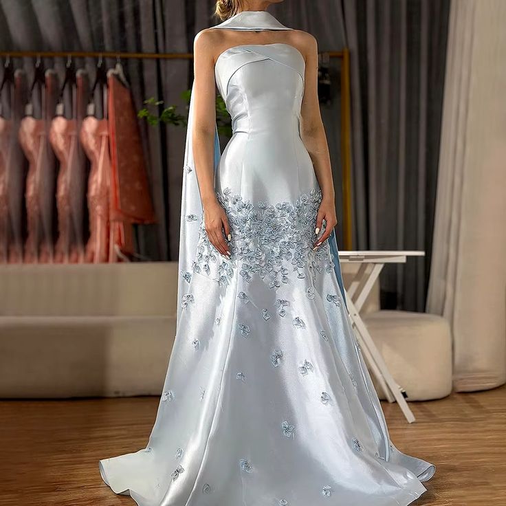 Blush Pink Floral Mermaid Satin Prom Dresses Long Party Dress,AST2158