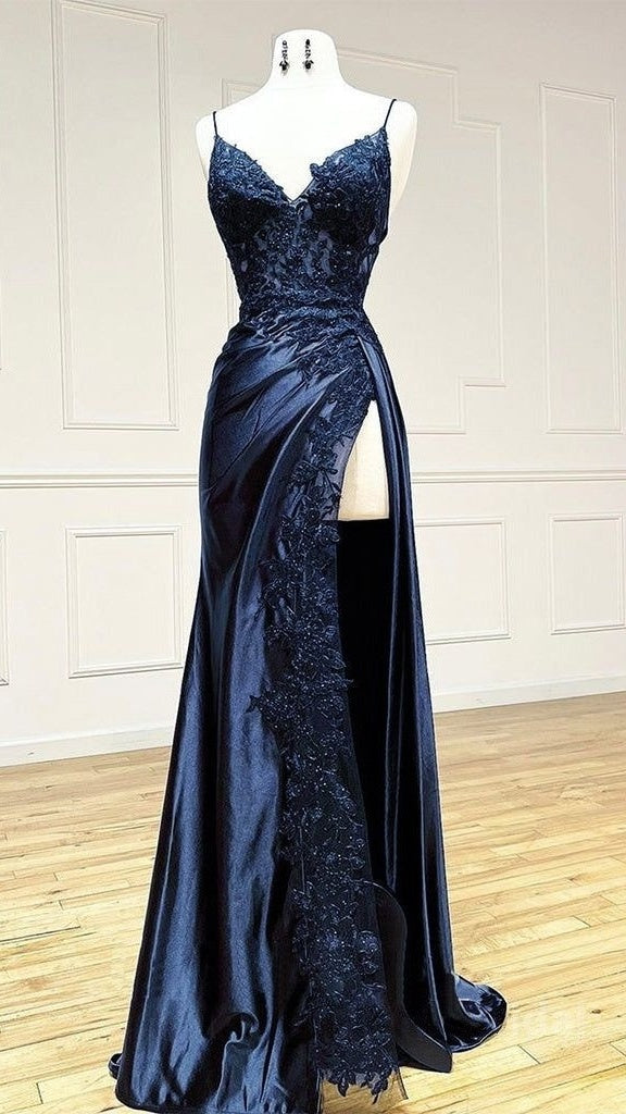Burgundy Mermaid Appliques Long Prom Dresses Spaghetti Straps Evening Party Dress With Slit,AST2102