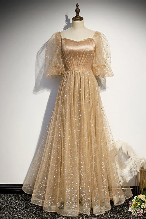Champagne A-line Tulle Long Formal Dress with Short Bell Sleeves