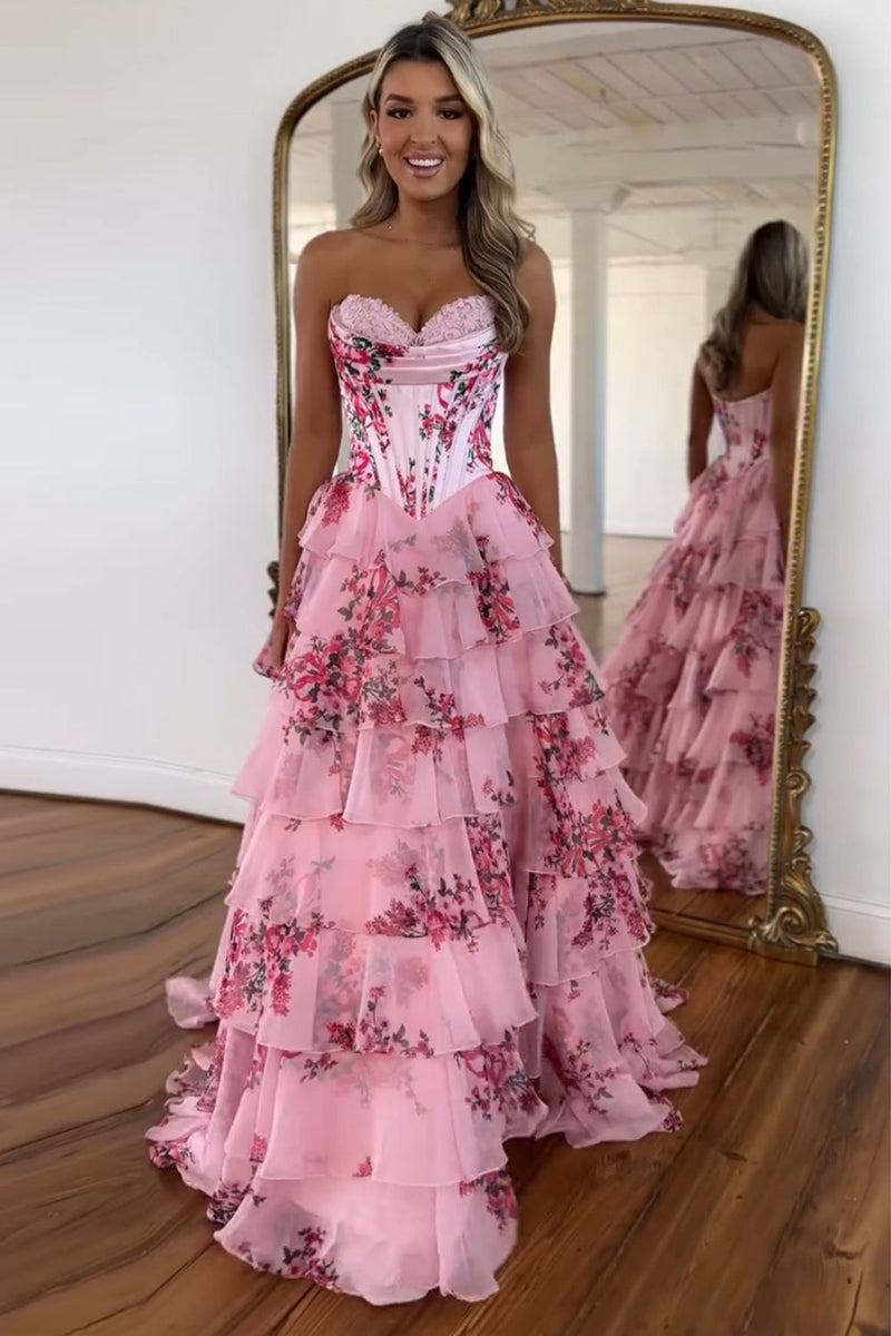 Charming A Line Sweetheart Blush Printed Chiffon Long Prom Dresses