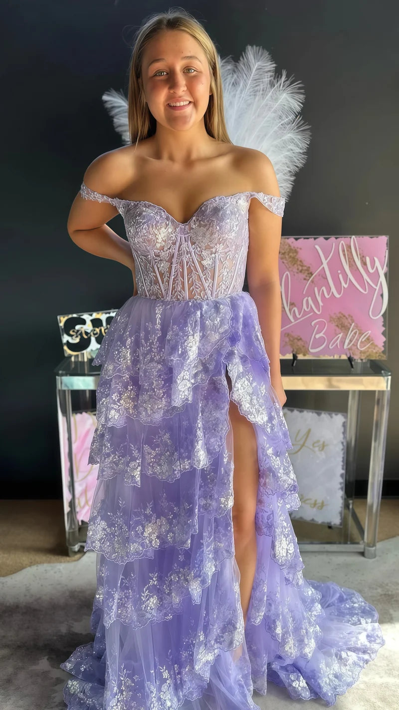 Charming Applique Tiered A-Line Senior Prom Dress, Long Party Gown,AST1622