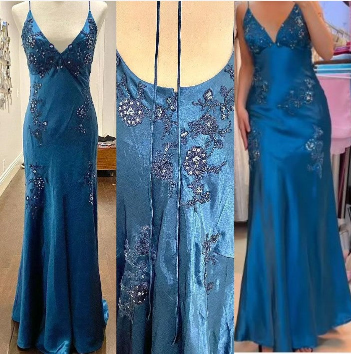 Chic A-Line Evening Dress Satin Spaghetti Straps Green Vintage Backless Long Prom Dresses