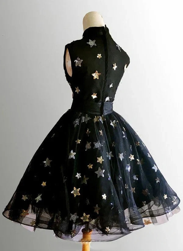 Chic A Line High Neck Black Straps Short Prom Dresses, Cute Homecoming Dresses