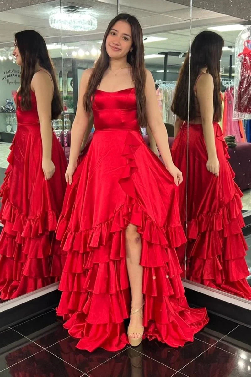 Chic A-line Ruffle Prom Dresses Long Birthday Party Dress With Slit,AST2085