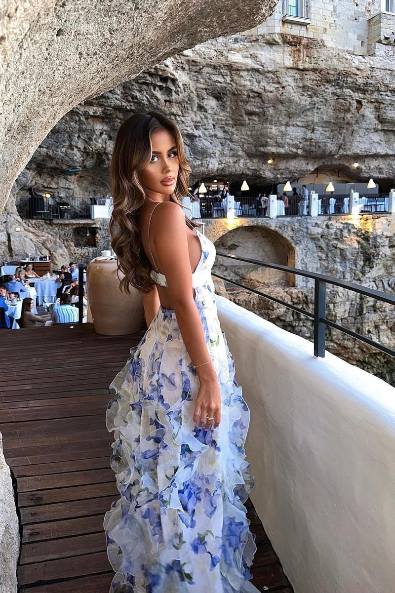 Chic A Line Spaghetti Straps Blue Floral Printed Long Party Dress