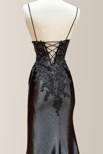 Chic Black Mermaid Spaghetti Straps Lace Up Satin Prom Dress with Appliques
