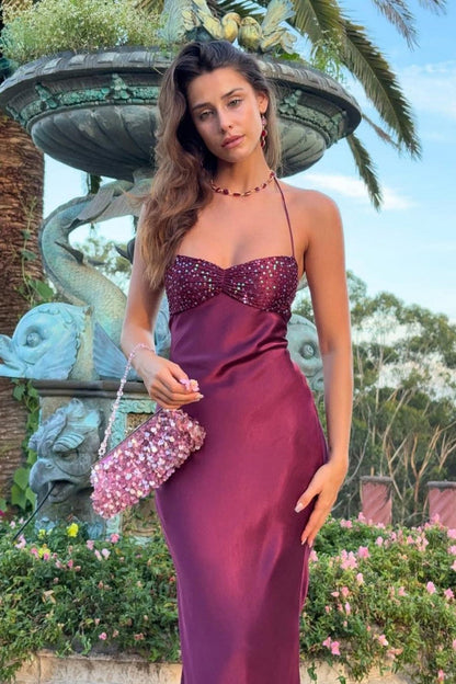 Chic Satin Halter Neck Lace Up Long Prom Party Dress with Sequin