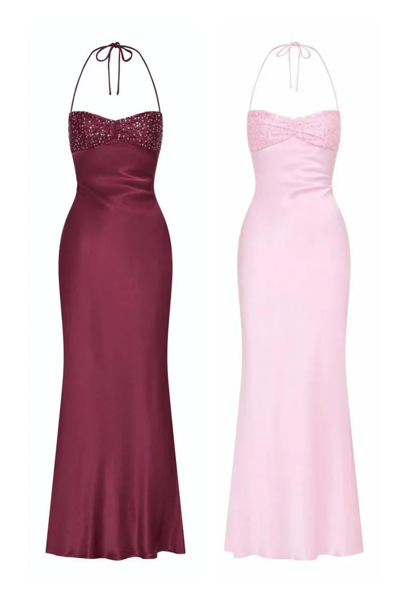 Chill Sheath Halter Satin Prom Dresses Sleeveless Evening Party Dress,AST2296