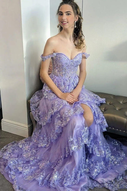 Corset Tulle Appliques Tiered Ruffle Long Prom Dress with slit