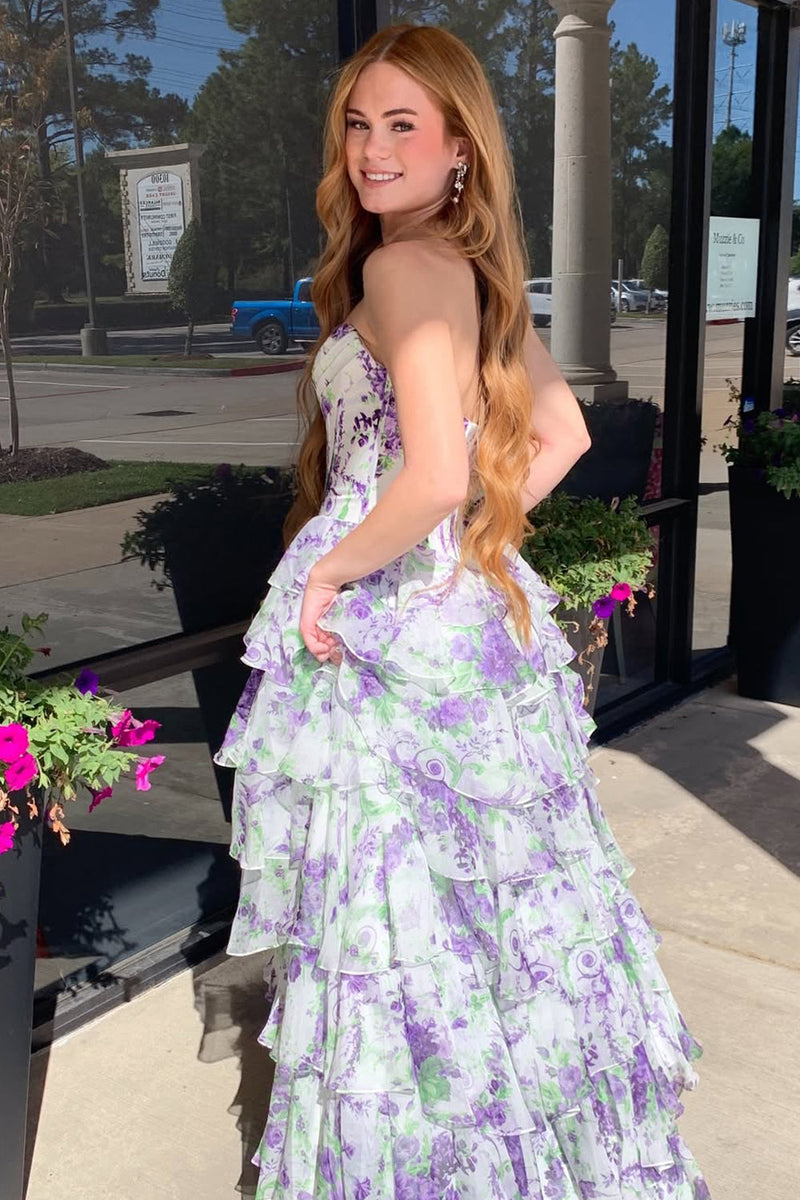 Cute A Line Sweetheart Blue Floral Chiffon Tiered Prom Dress with Slit