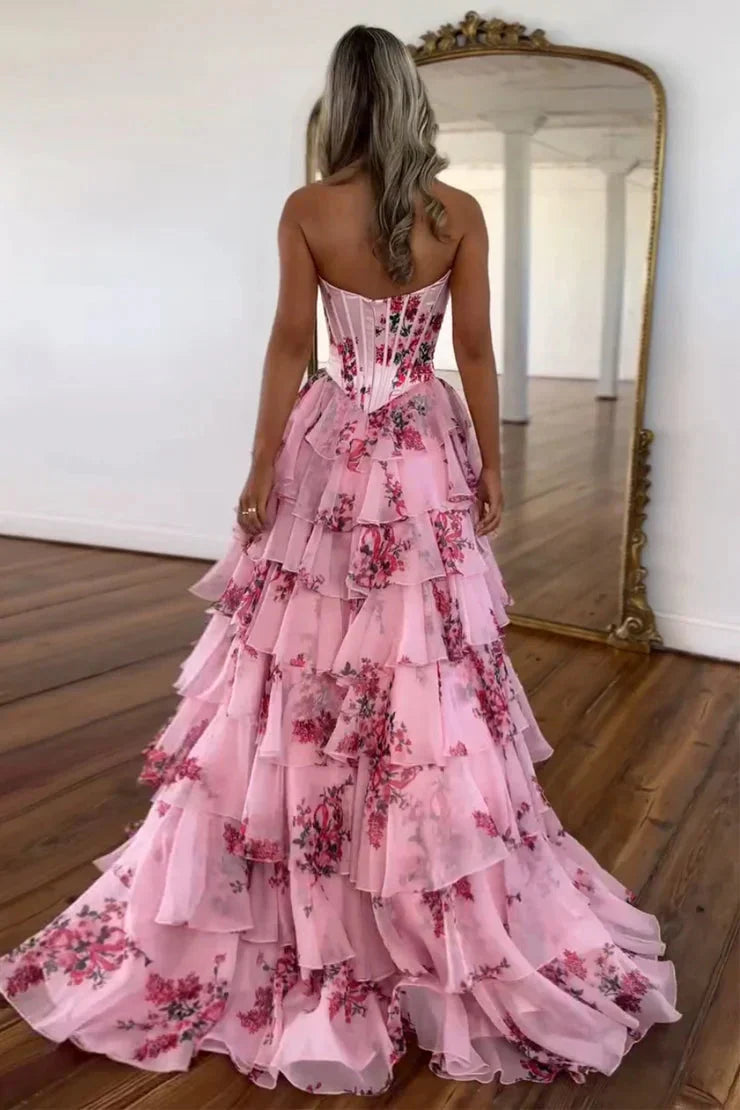 Cute A Line Sweetheart Pink Floral Chiffon Tiered Prom Dress