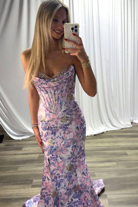 Cute Mermaid Lavender Jacquard Satin Prom Dress with Beading