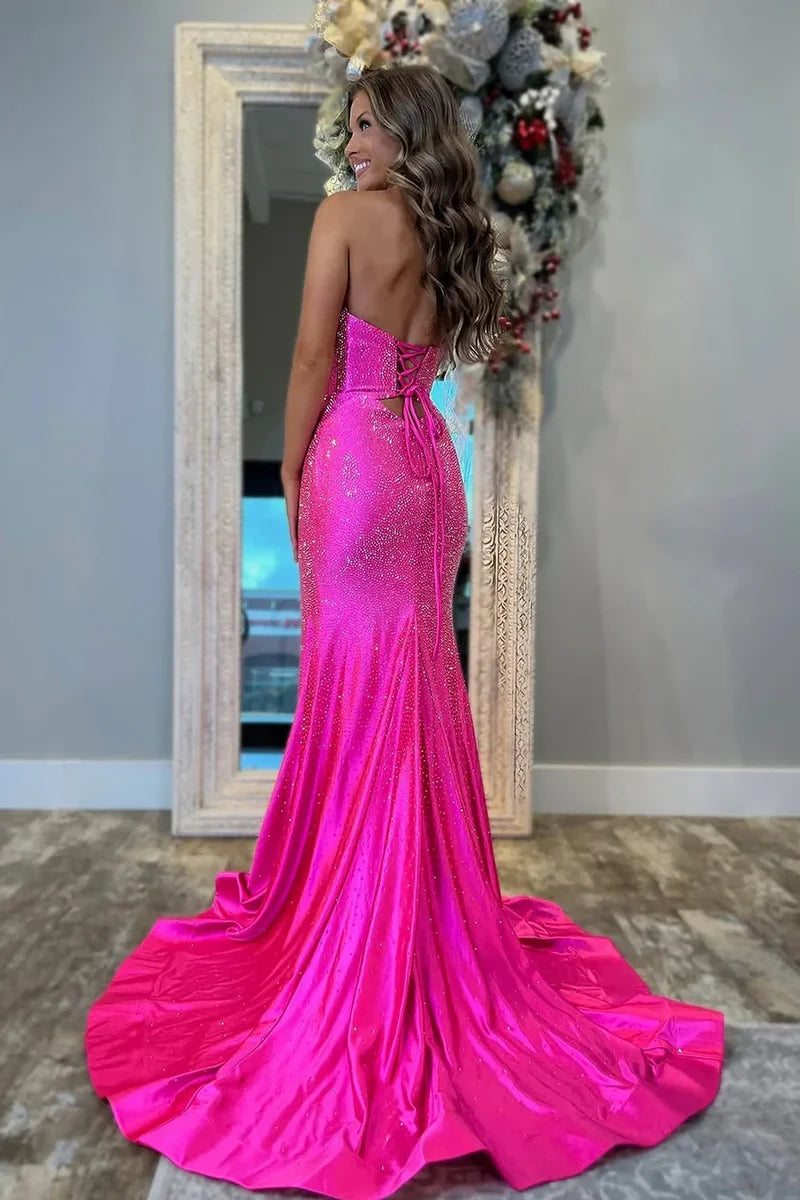 Cute Mermaid Sweetheart Pink Slit Prom Dress with Beading