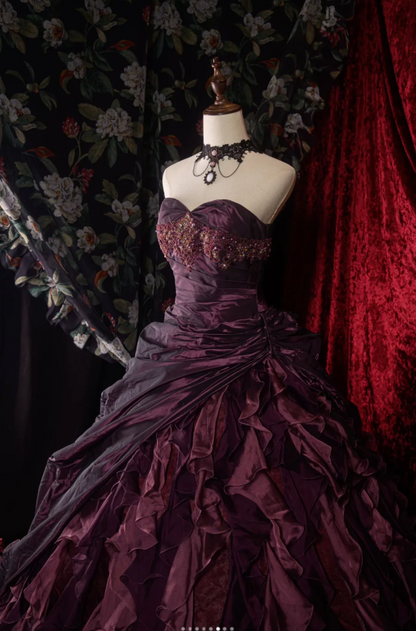 Cute Sweetheart A-Line Long Prom Dresses Satin Grape Quinceanera Dresses Sleeveless Sweet 16 Dress