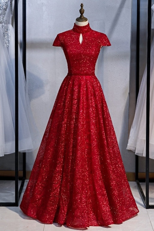 Elegant High Neck Grey Sequined Long Evening Dress