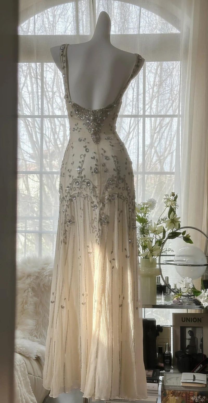 Elegant Spaghetti Straps Apricot Beaded Chiffon Mermaid Gowns Vintage Backless Prom Dress