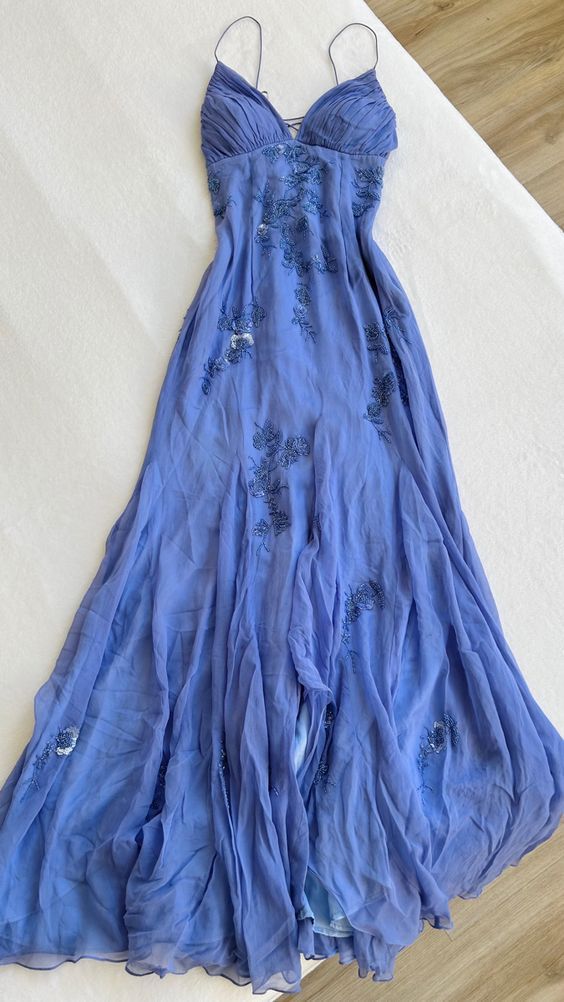Fairy Blue/Purple Spaghetti Straps Appliques Chiffon Prom Dresses,AST2276