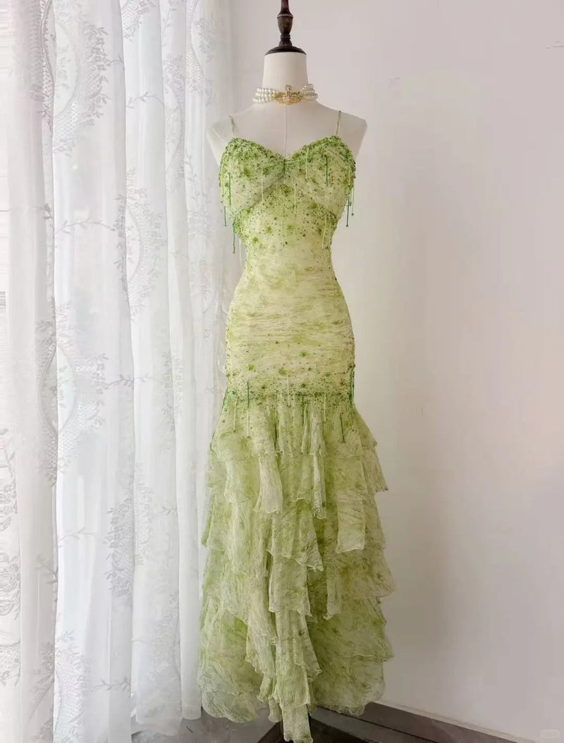 Fairytale Green Mermaid Vintage Party Dresses Sweetheart Chiffon Beaded Layed Prom Dresses