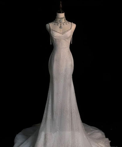 Fairytale Mermaid Wedding Dresses Glittering Straps Backless Wedding Dress
