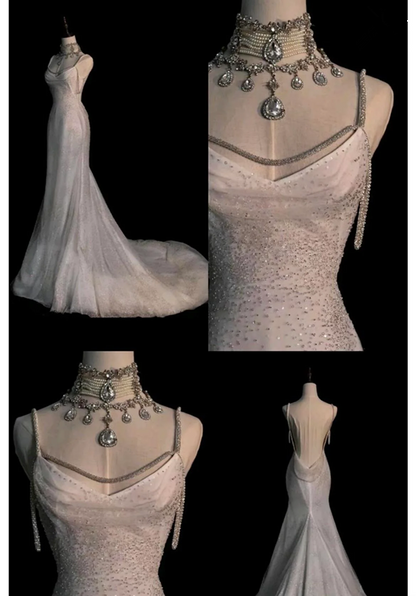 Fairytale Mermaid Wedding Dresses Glittering Straps Backless Wedding Dress