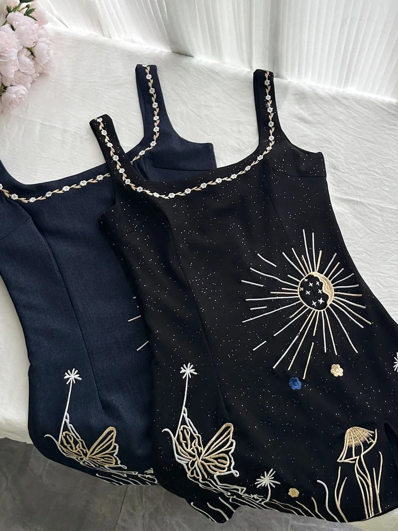 Fantasy Black Embroidered Slim Square Neck Short Birthday Dress Homecoming Dress