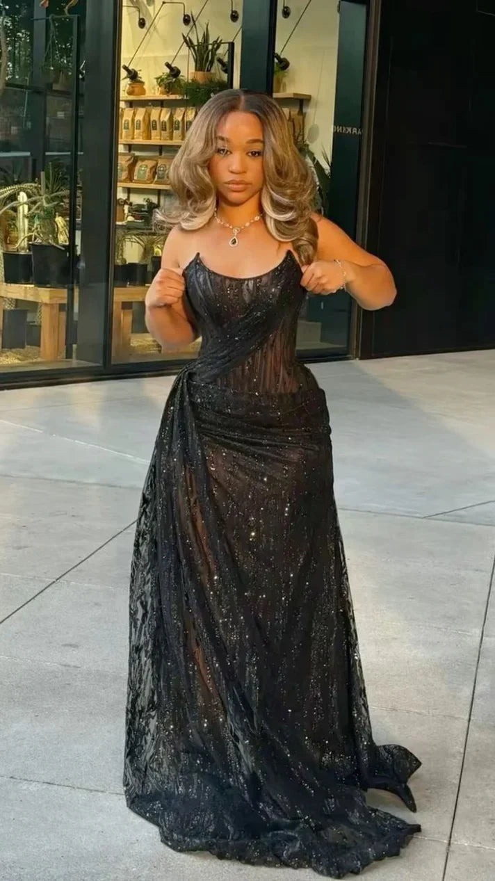 Glitter Black Mermaid Prom Dresses Black Girls Lace Evening Party Dress,AST2218