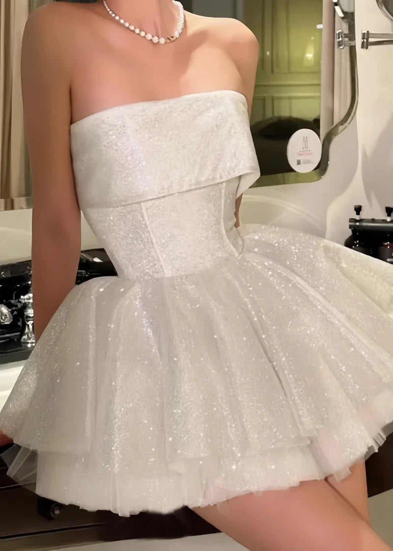 Glitter White Homecoming Dress Strapless Graduation Party Ball Gown, AST1945