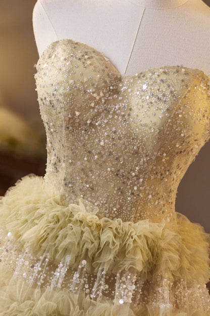 Golden Sweetheart Sequin Ruffle A-line Prom Gown