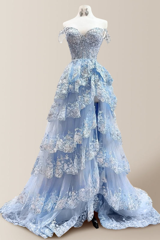 Gorgeous A-Line Off The Shoulder Long Tiered Prom Dress with Sequined Appliques